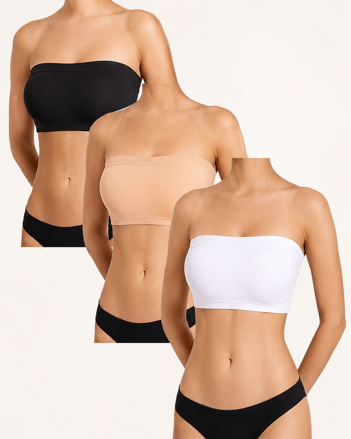 LiftLux Seamless Bandeau Bra 3-Pack – Black, Nude & White